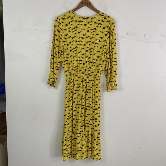 NUMPH yellow brown flower petal pattern long sleeve midi dress - Picture 6 of 6